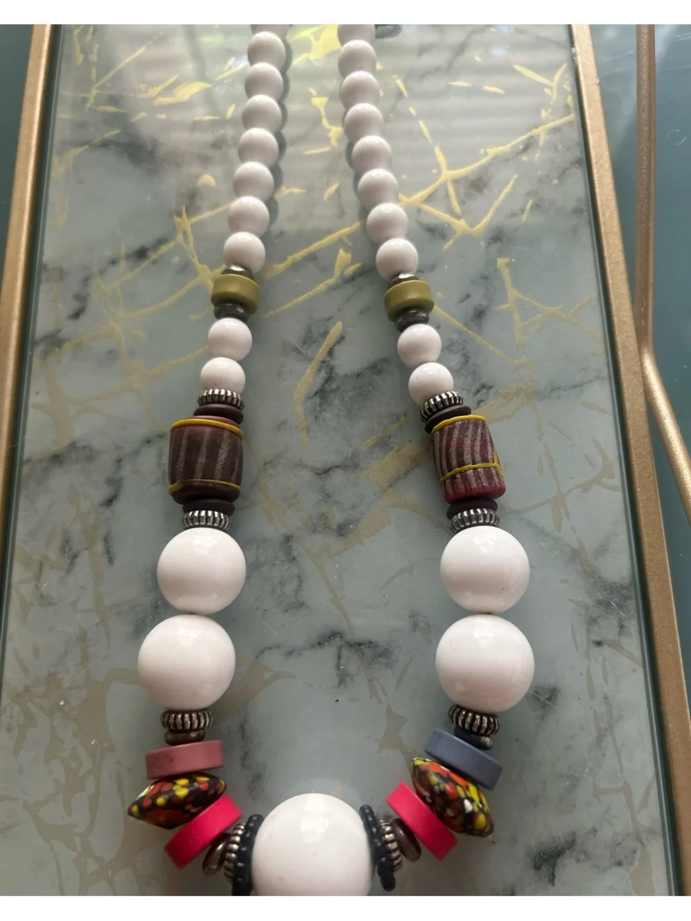 Vintage Statement Beaded Necklace White Beads Artisan Boho Chunky 19” Multicolor